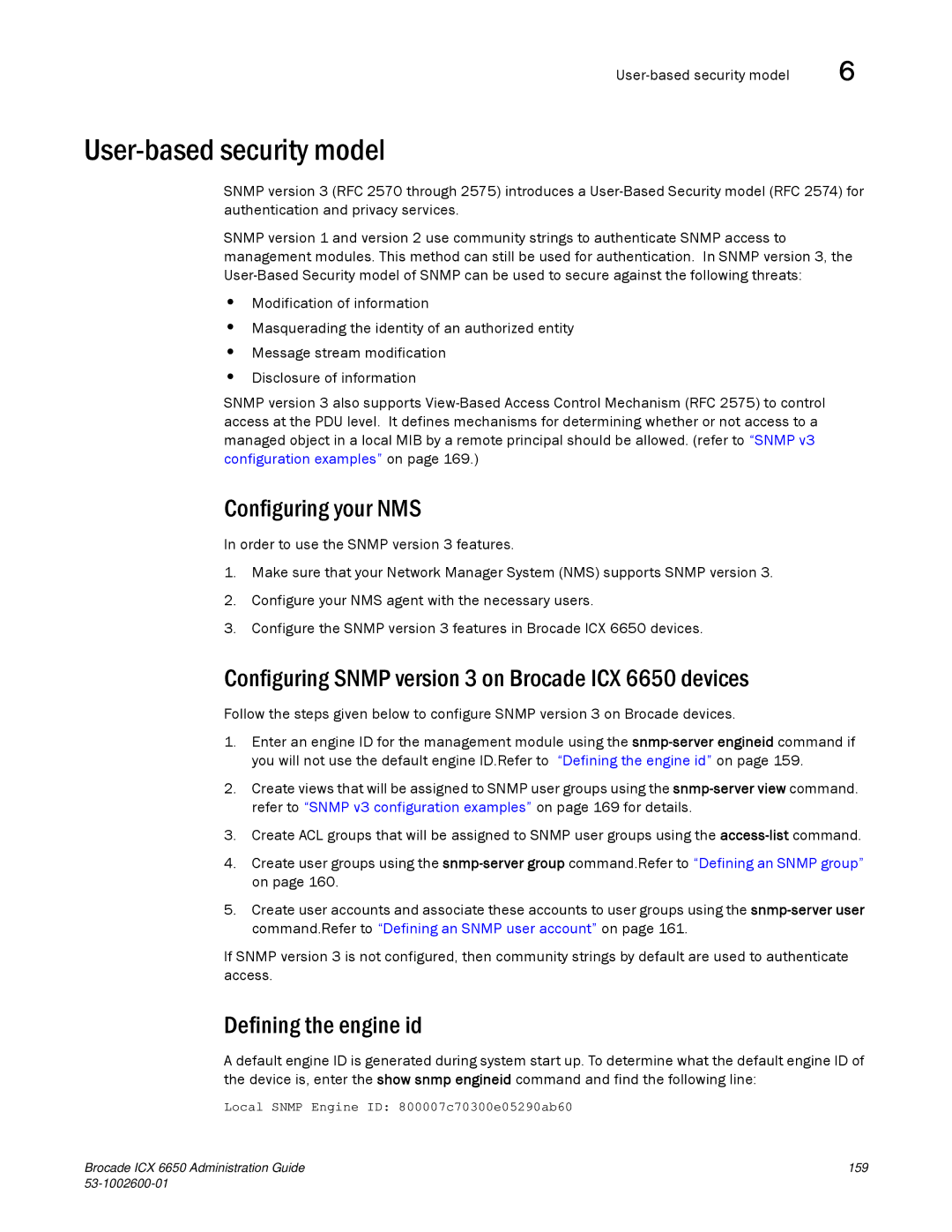 Brocade Communications Systems 6650 manual User-based security model, Configuring your NMS, Defining the engine id 