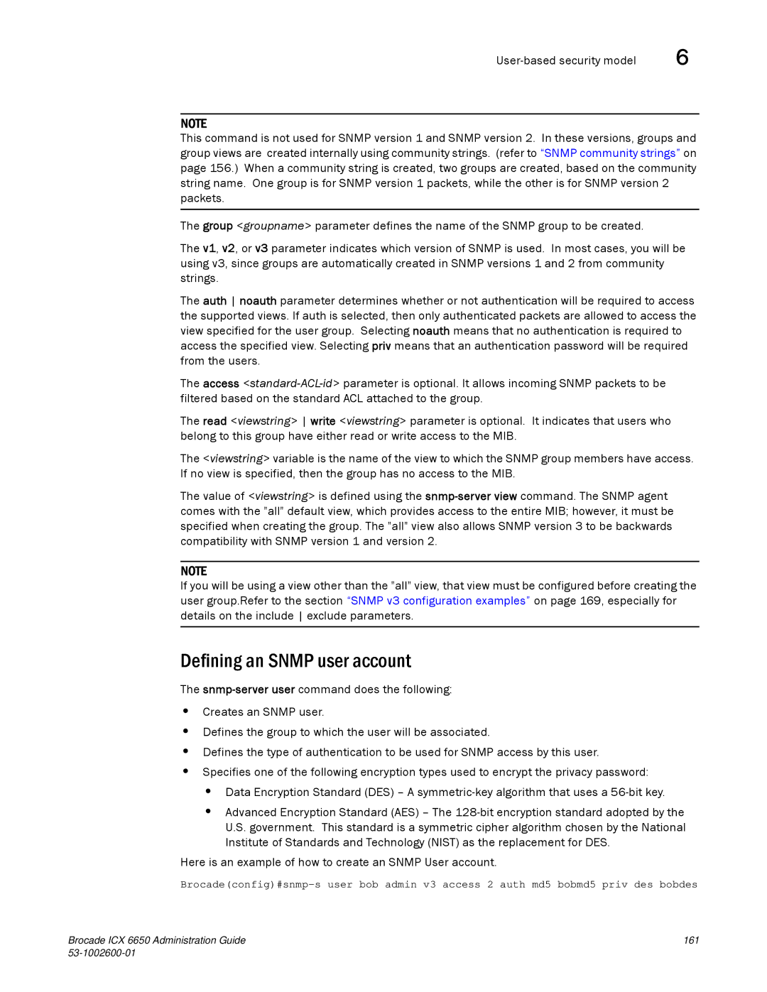 Brocade Communications Systems 6650 manual Defining an Snmp user account 