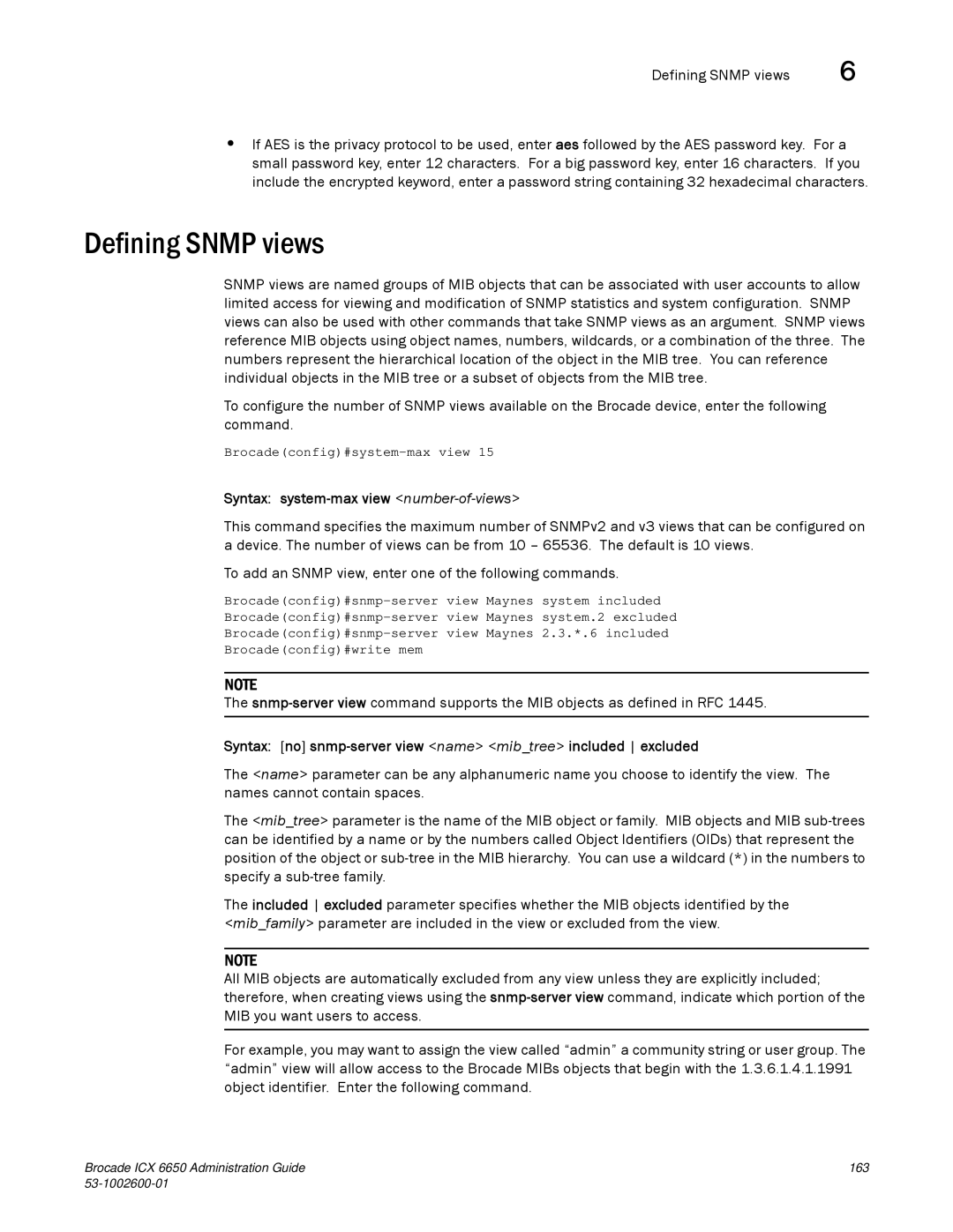 Brocade Communications Systems 6650 manual Defining Snmp views, Syntax system-max view number-of-views 