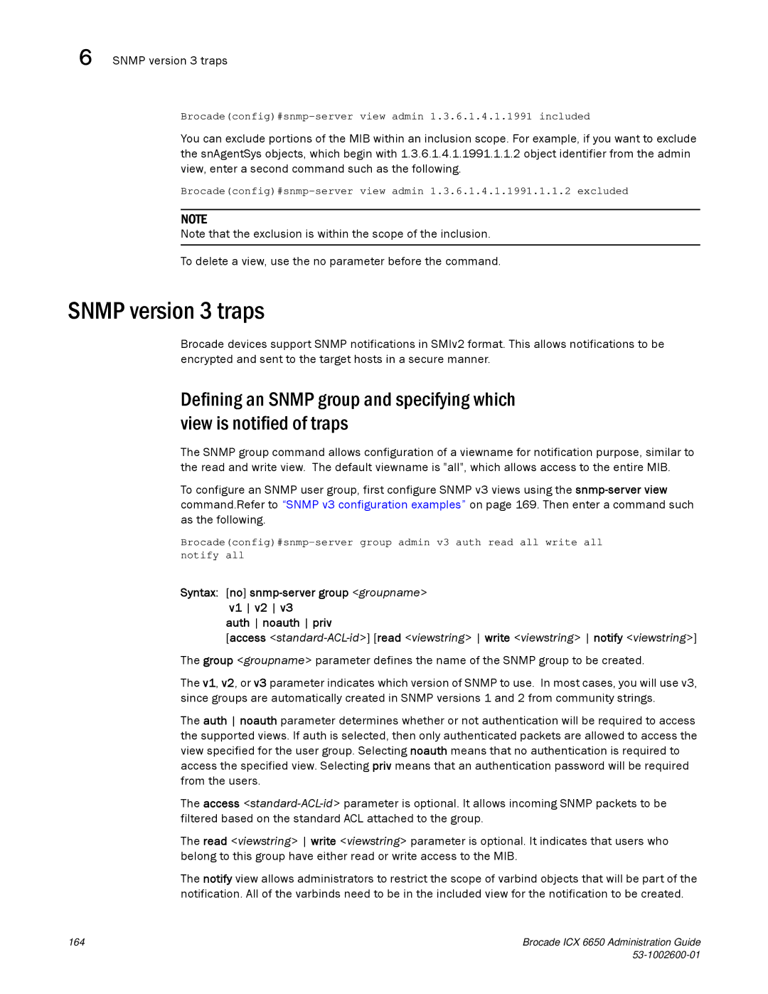 Brocade Communications Systems 6650 manual Snmp version 3 traps, To delete a view, use the no parameter before the command 