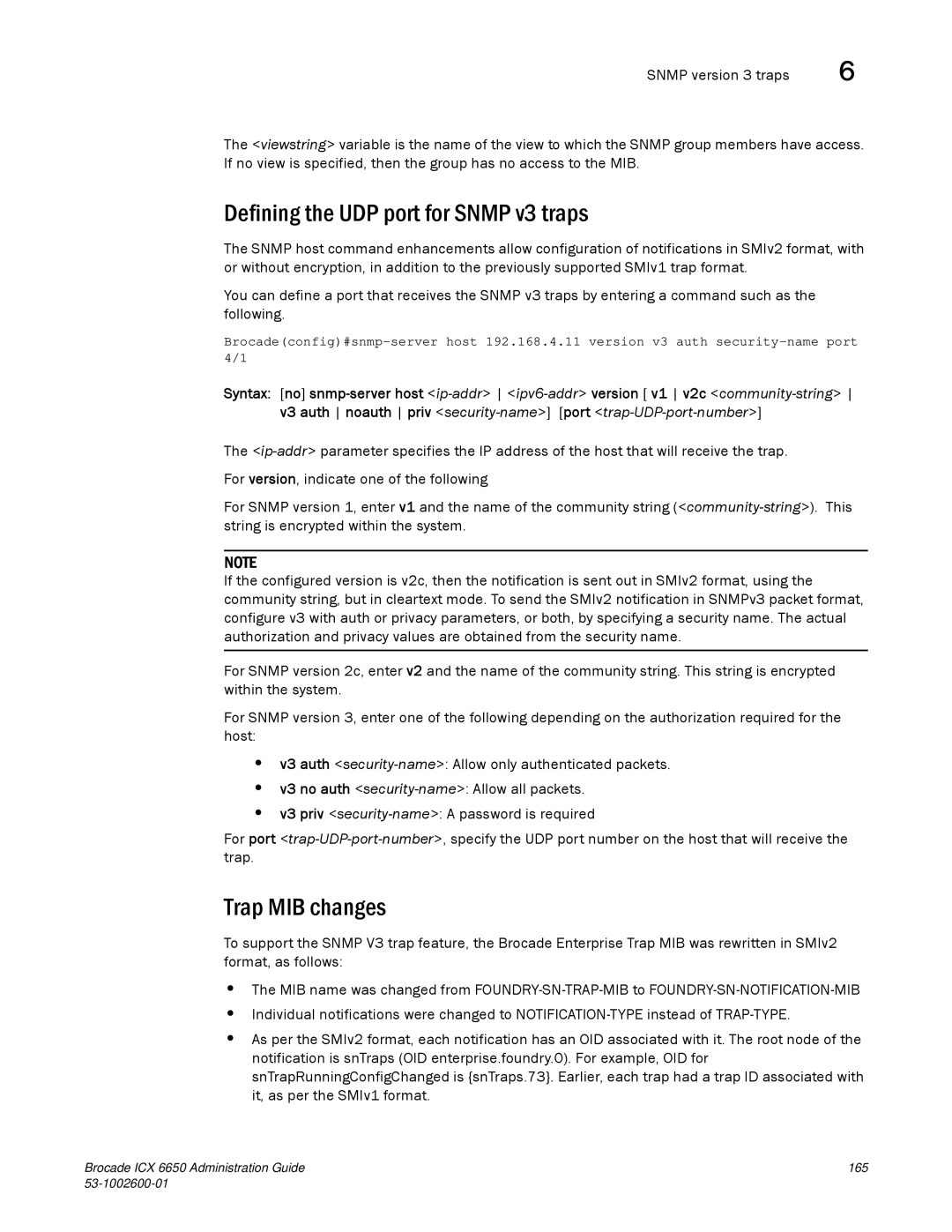 Brocade Communications Systems 6650 manual Defining the UDP port for Snmp v3 traps, Trap MIB changes 