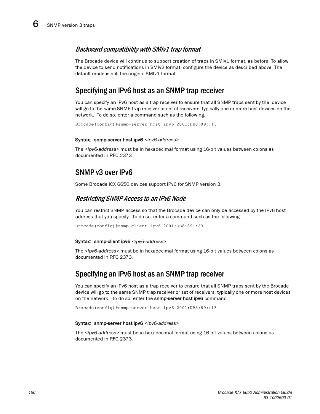 Brocade Communications Systems 6650 manual Specifying an IPv6 host as an Snmp trap receiver, Snmp v3 over IPv6 