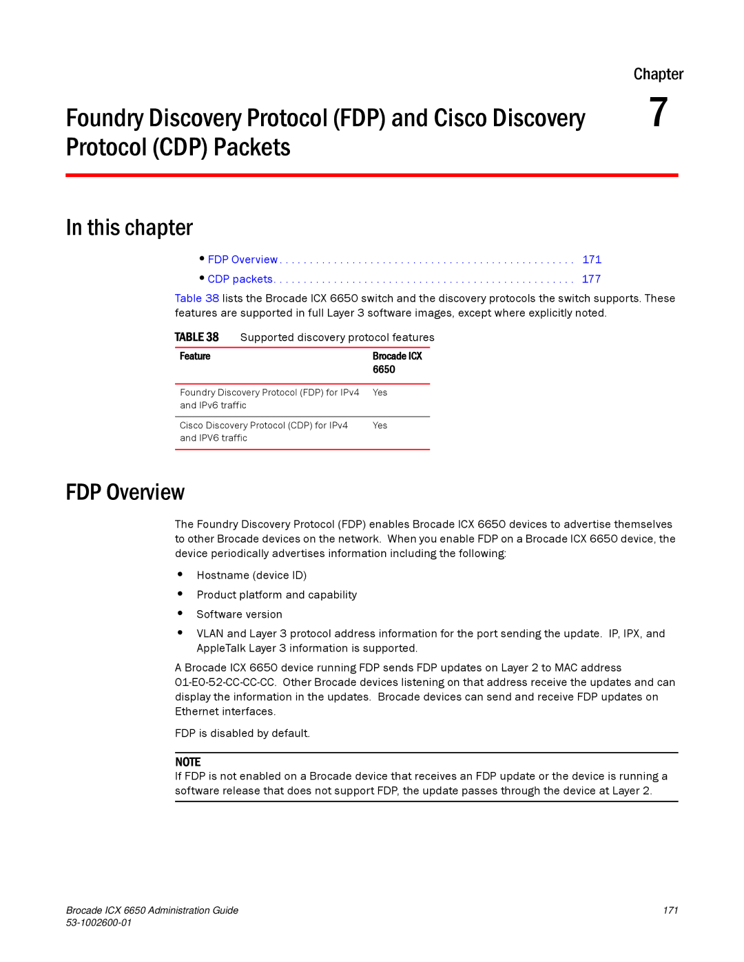 Brocade Communications Systems 6650 manual FDP Overview CDP packets 