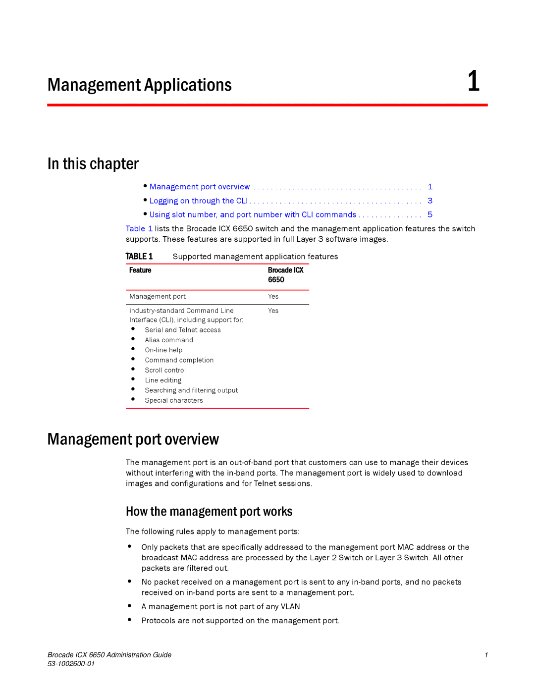 Brocade Communications Systems 6650 manual This chapter, Management port overview, How the management port works, Feature 