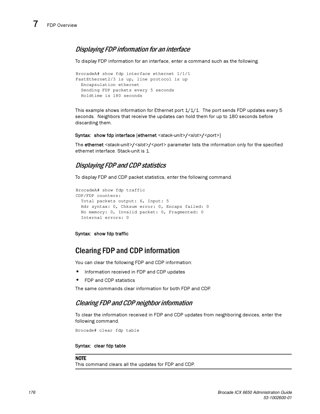 Brocade Communications Systems 6650 manual Clearing FDP and CDP information, Displaying FDP information for an interface 