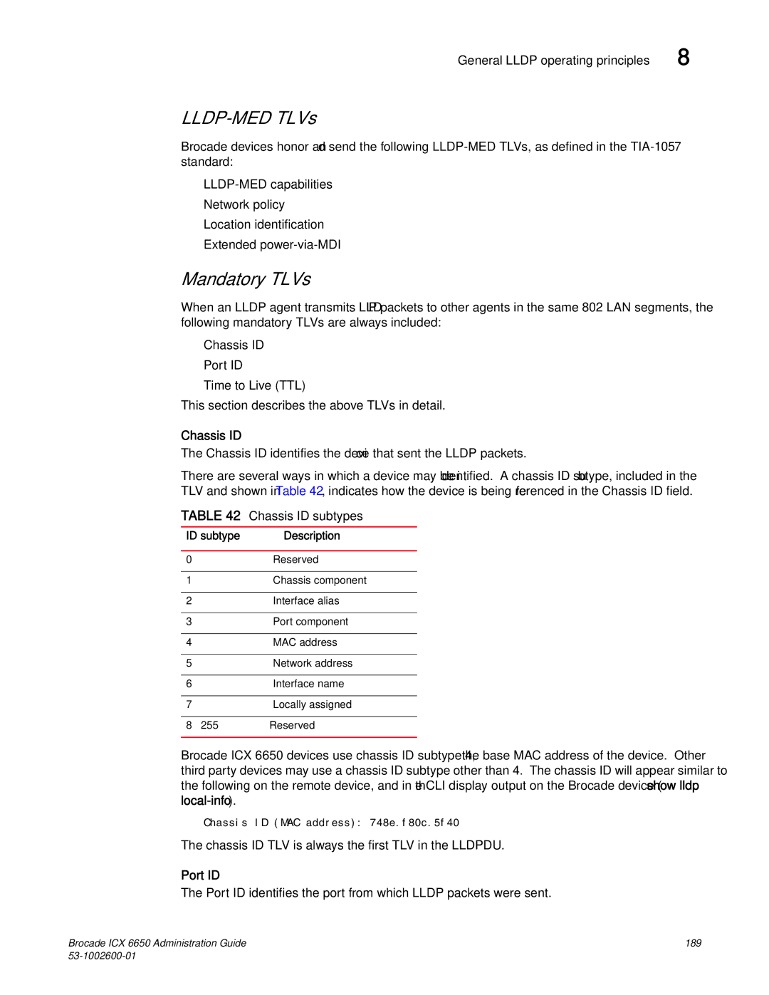 Brocade Communications Systems 6650 manual LLDP-MED TLVs, Mandatory TLVs, Chassis ID, Port ID 