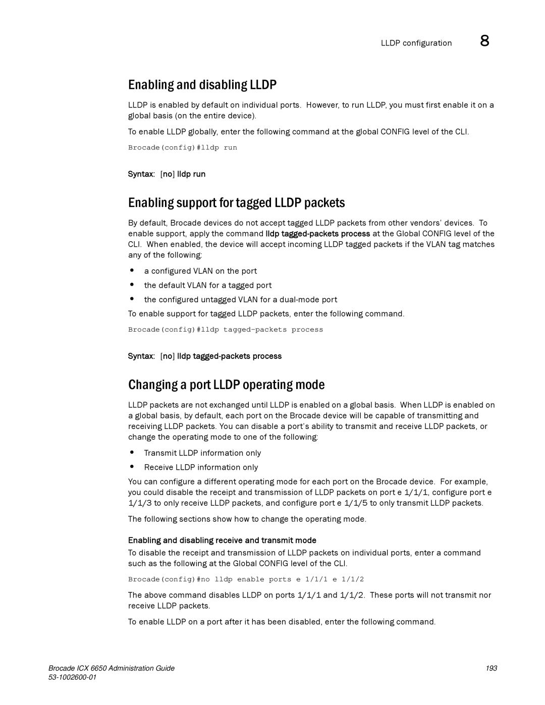 Brocade Communications Systems 6650 manual Enabling and disabling Lldp, Enabling support for tagged Lldp packets 