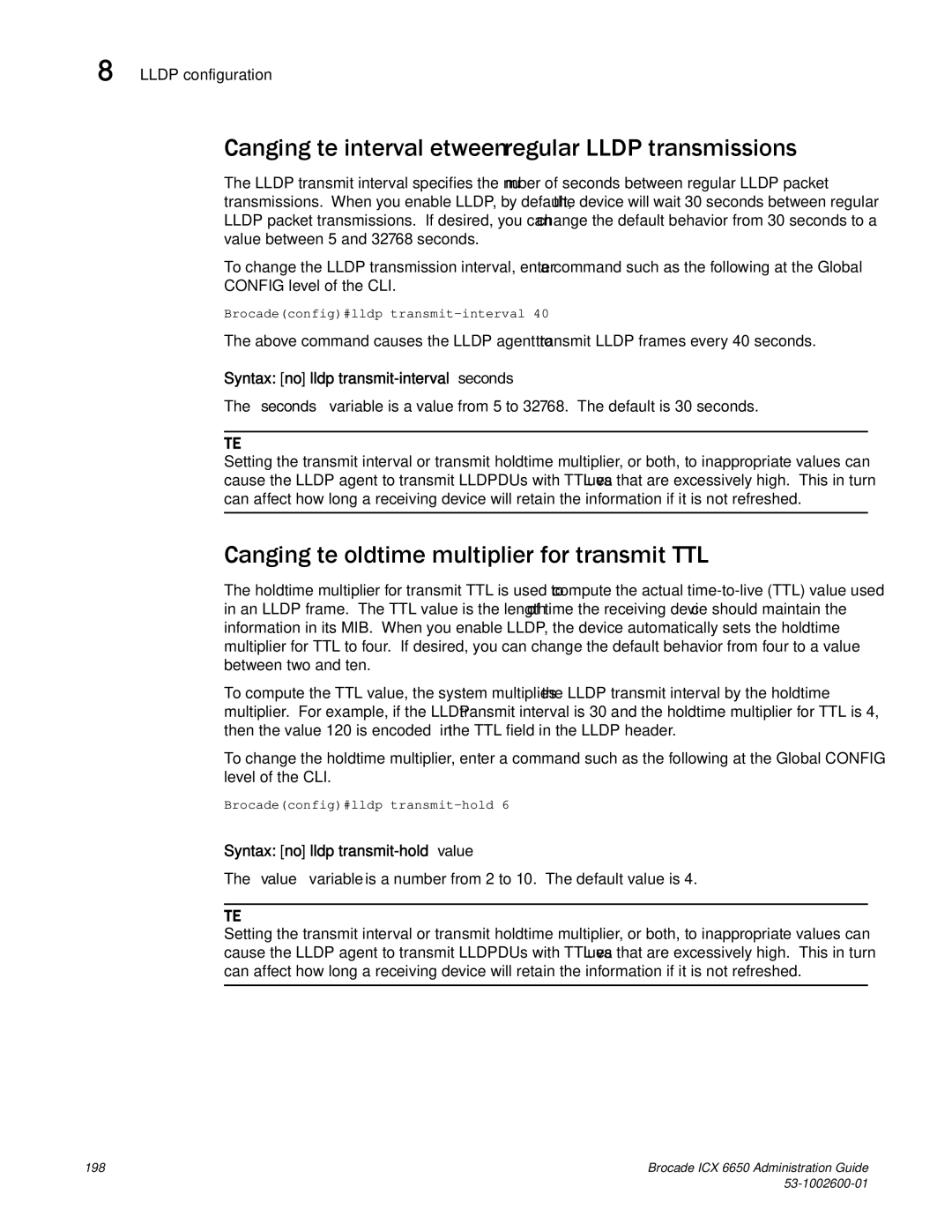 Brocade Communications Systems 6650 manual Changing the interval between regular Lldp transmissions 