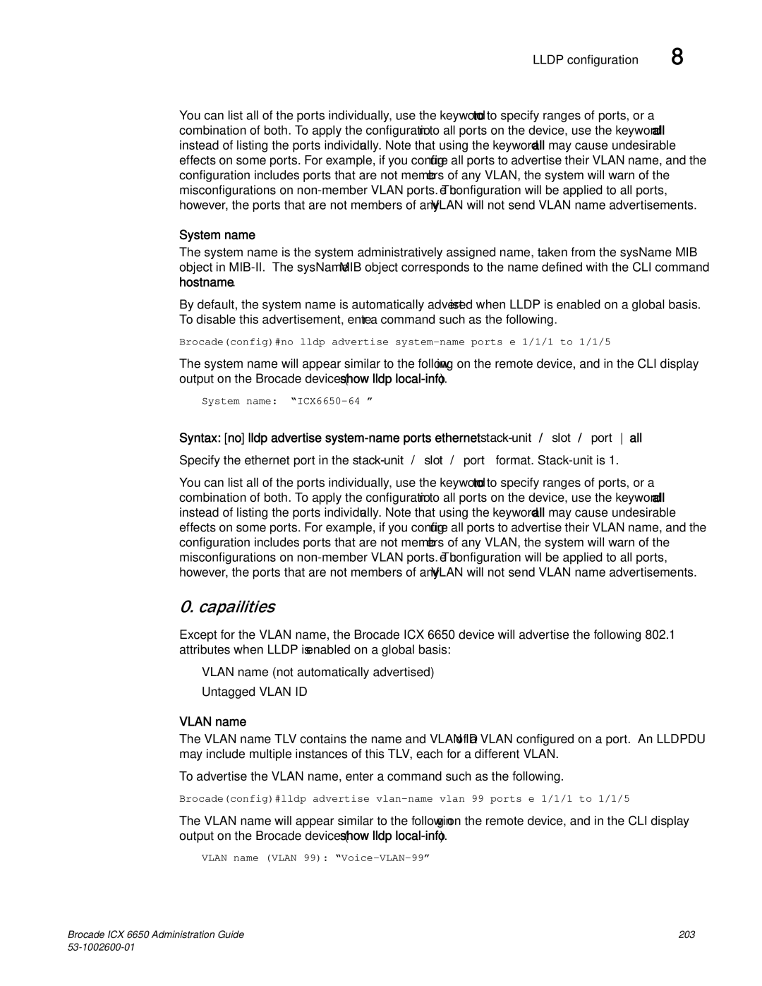 Brocade Communications Systems 6650 manual Capabilities, System name, Vlan name 