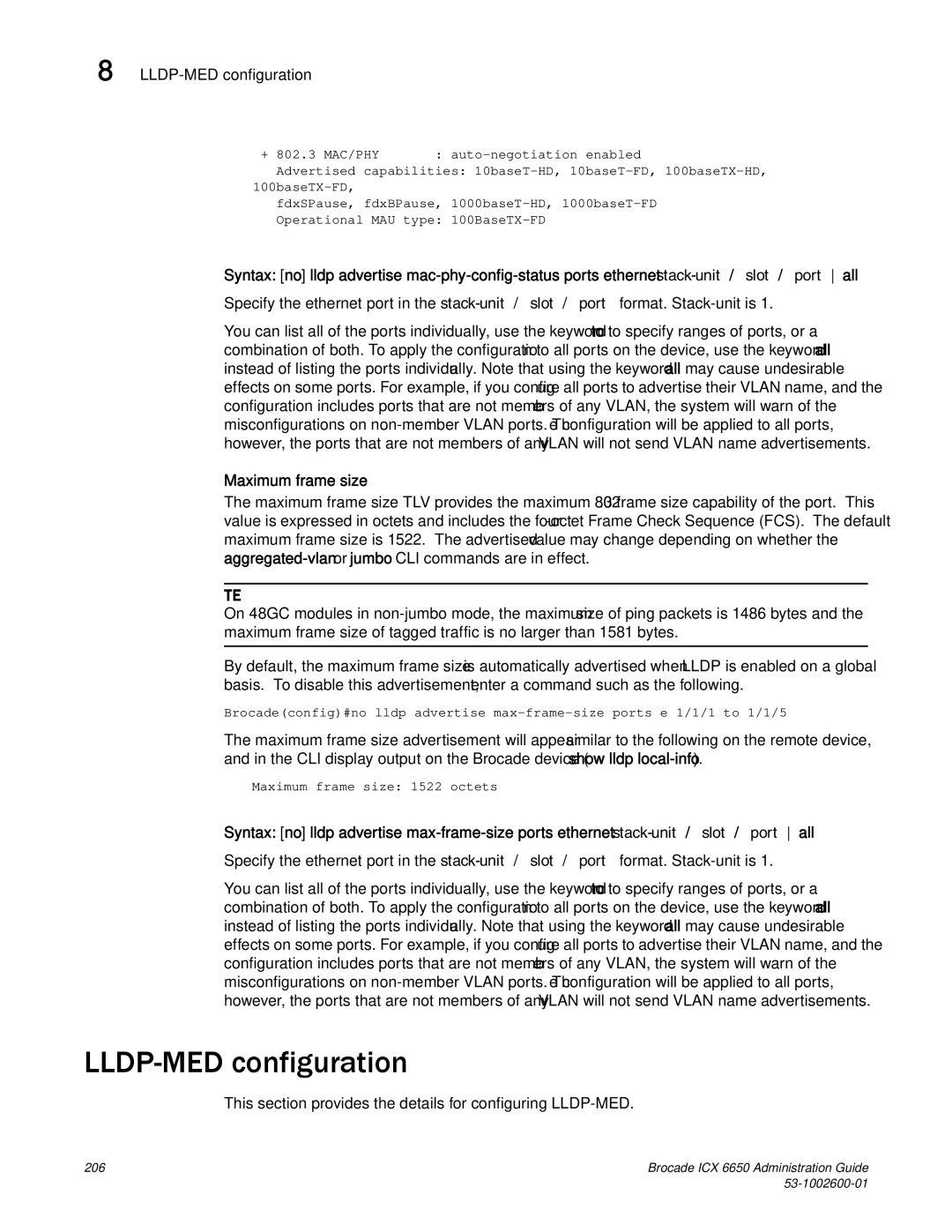 Brocade Communications Systems 6650 manual LLDP-MED configuration, Maximum frame size 