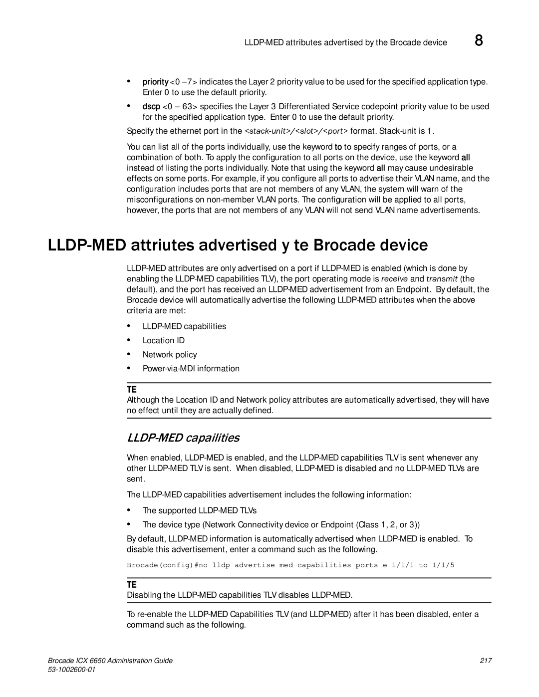 Brocade Communications Systems 6650 manual LLDP-MED attributes advertised by the Brocade device, LLDP-MED capabilities 