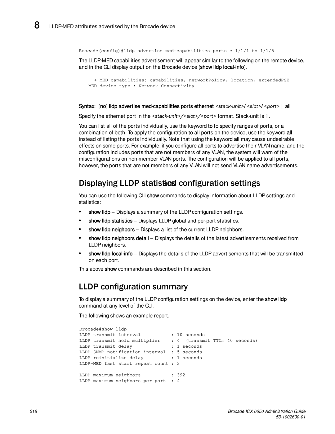 Brocade Communications Systems 6650 Displaying Lldp statistics and configuration settings, Lldp configuration summary 