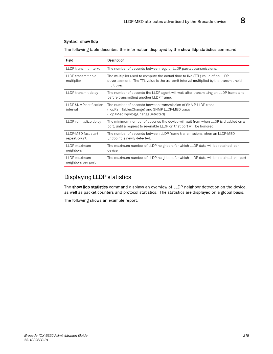 Brocade Communications Systems 6650 manual Displaying Lldp statistics, Syntax show lldp 