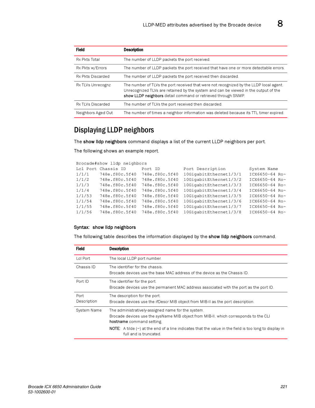 Brocade Communications Systems 6650 manual Displaying Lldp neighbors, Syntax show lldp neighbors 