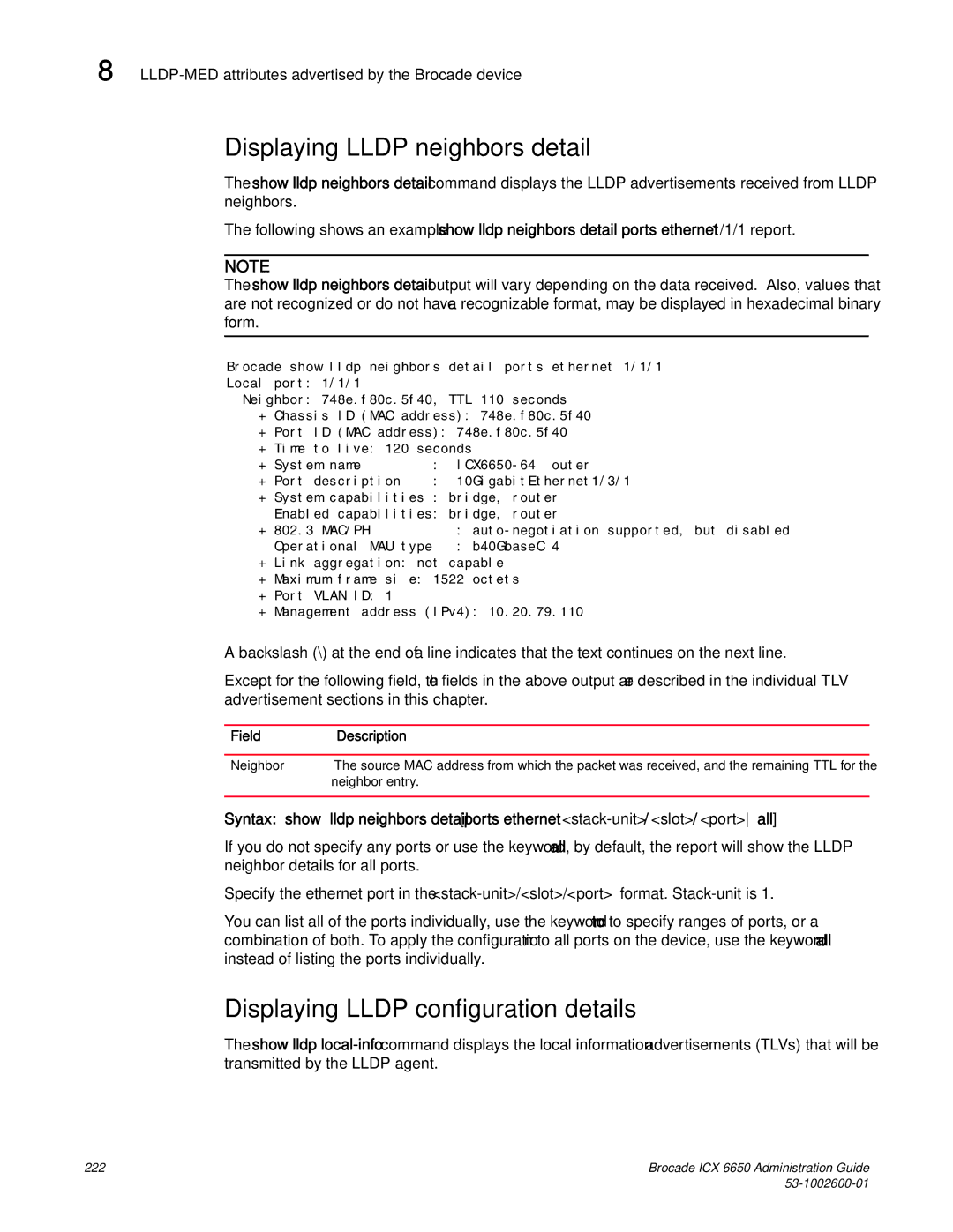 Brocade Communications Systems 6650 manual Displaying Lldp neighbors detail, Displaying Lldp configuration details 