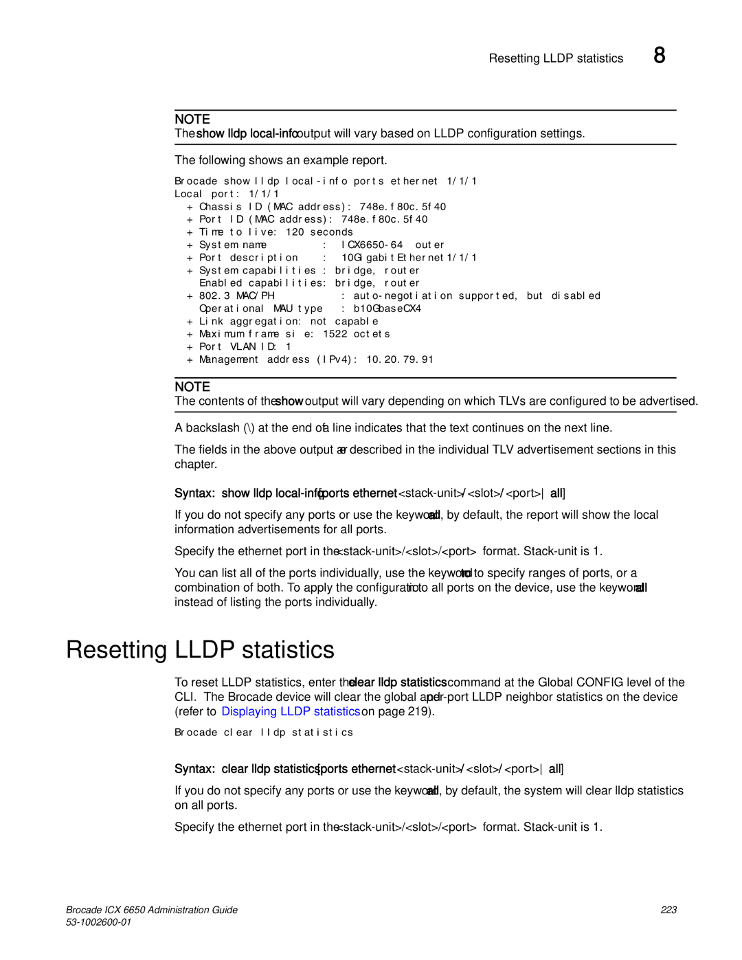 Brocade Communications Systems 6650 manual Resetting Lldp statistics 