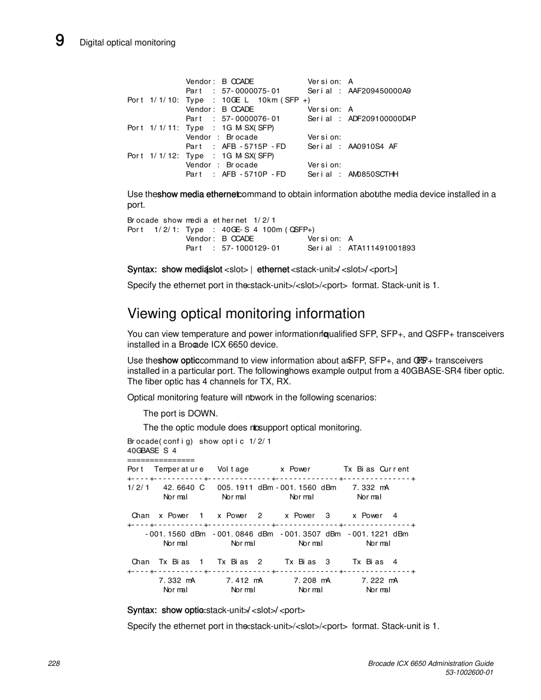 Brocade Communications Systems 6650 manual Viewing optical monitoring information 