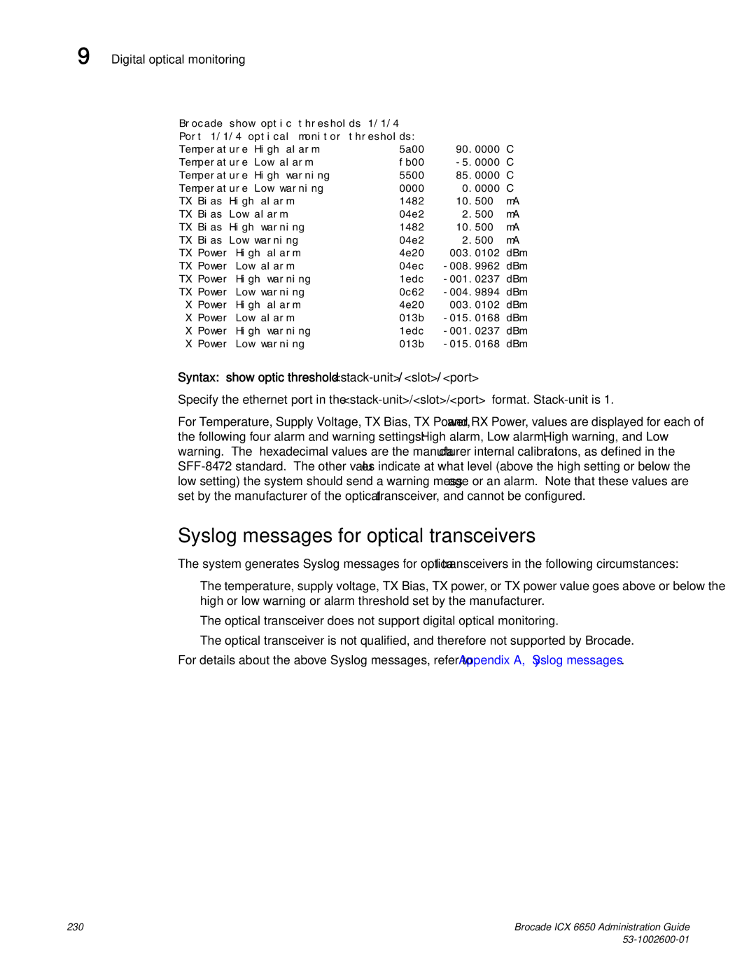 Brocade Communications Systems 6650 manual Syslog messages for optical transceivers 