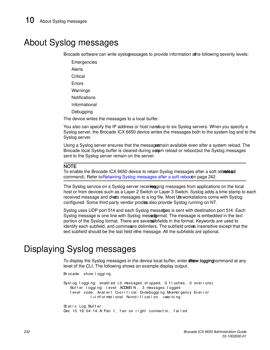 Brocade Communications Systems 6650 manual About Syslog messages, Displaying Syslog messages 