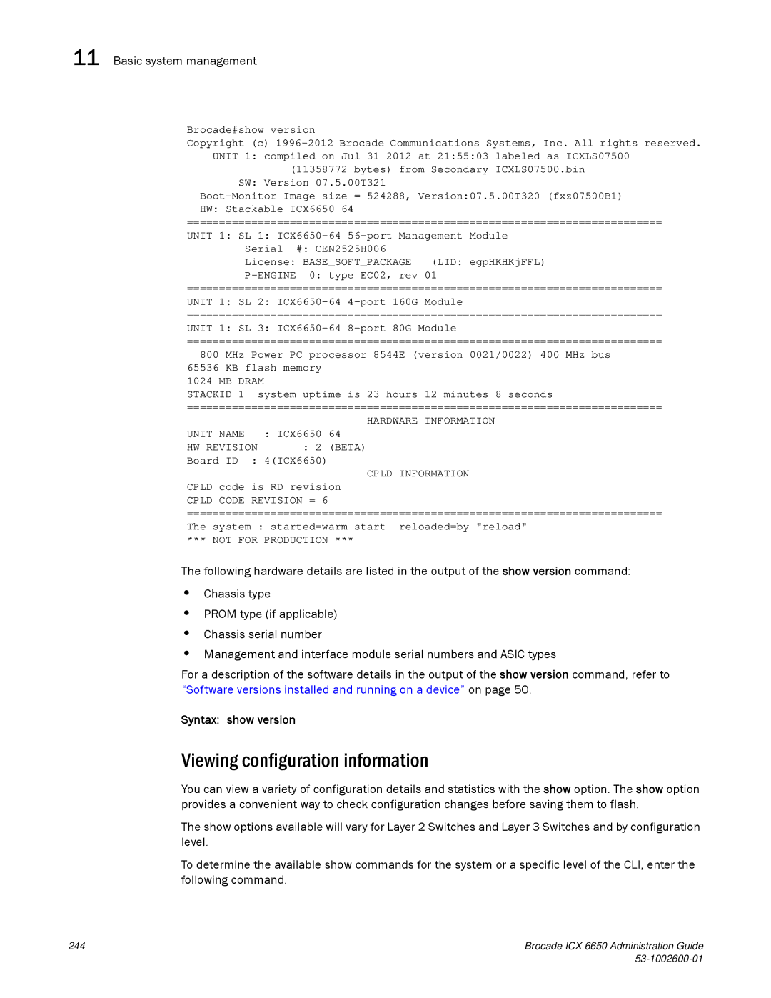 Brocade Communications Systems 6650 manual Viewing configuration information, Syntax show version 