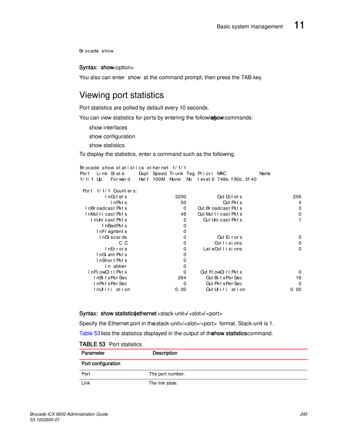 Brocade Communications Systems 6650 manual Viewing port statistics, Syntax show option, Port statistics 