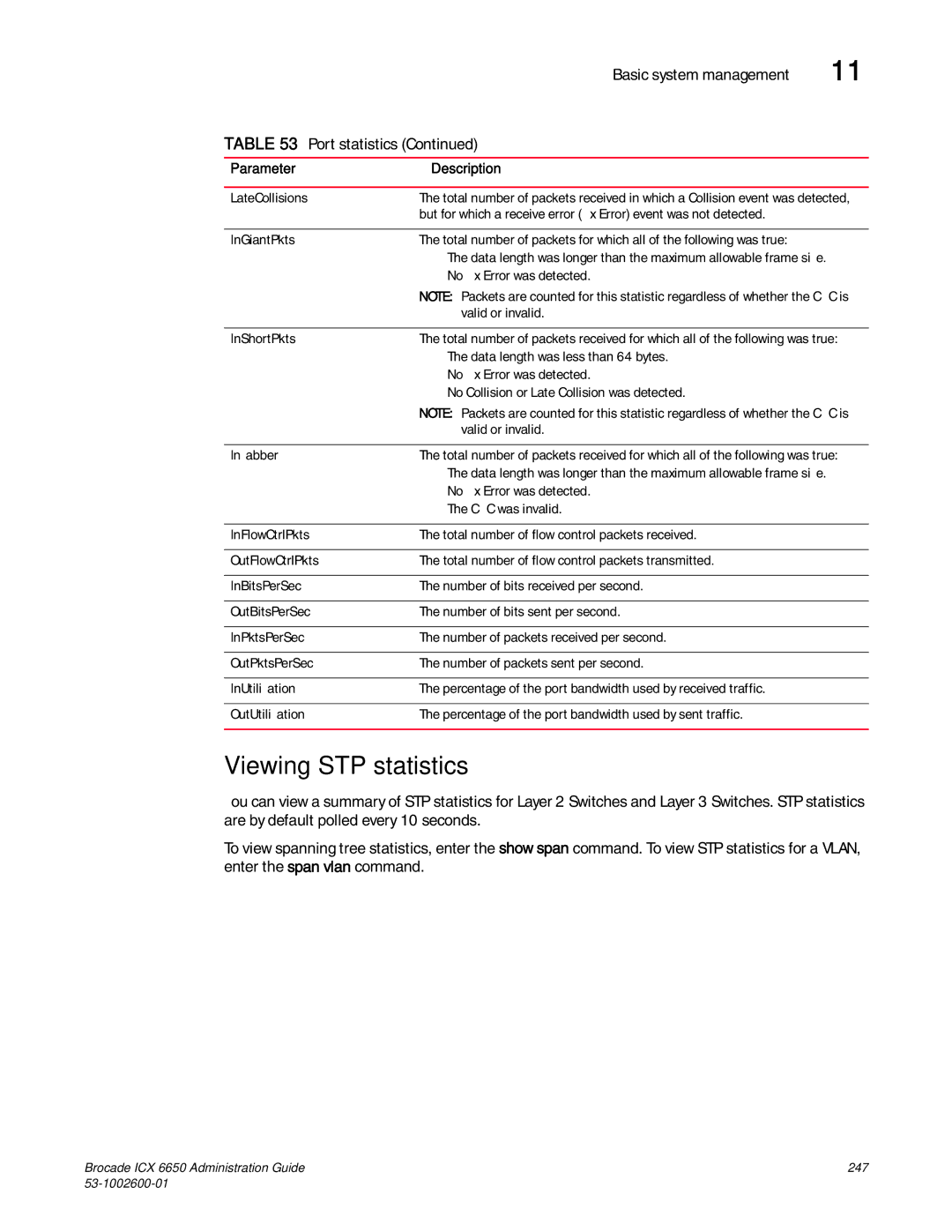 Brocade Communications Systems 6650 manual Viewing STP statistics 