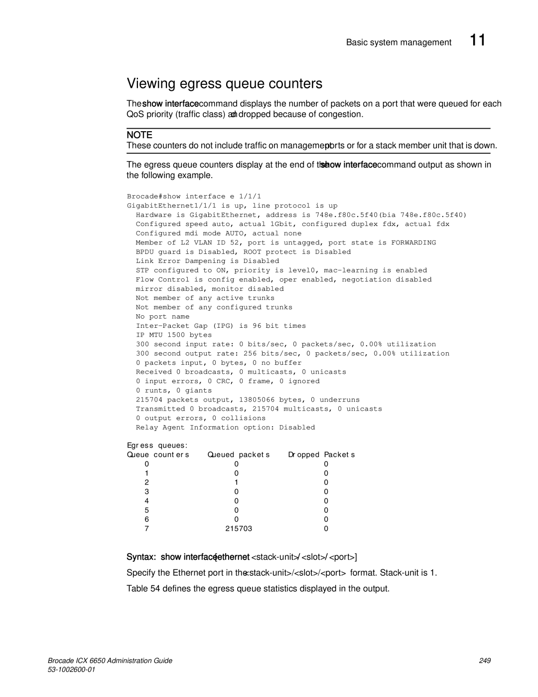 Brocade Communications Systems 6650 Viewing egress queue counters, Syntax show interface ethernet stack-unit/slot/port 