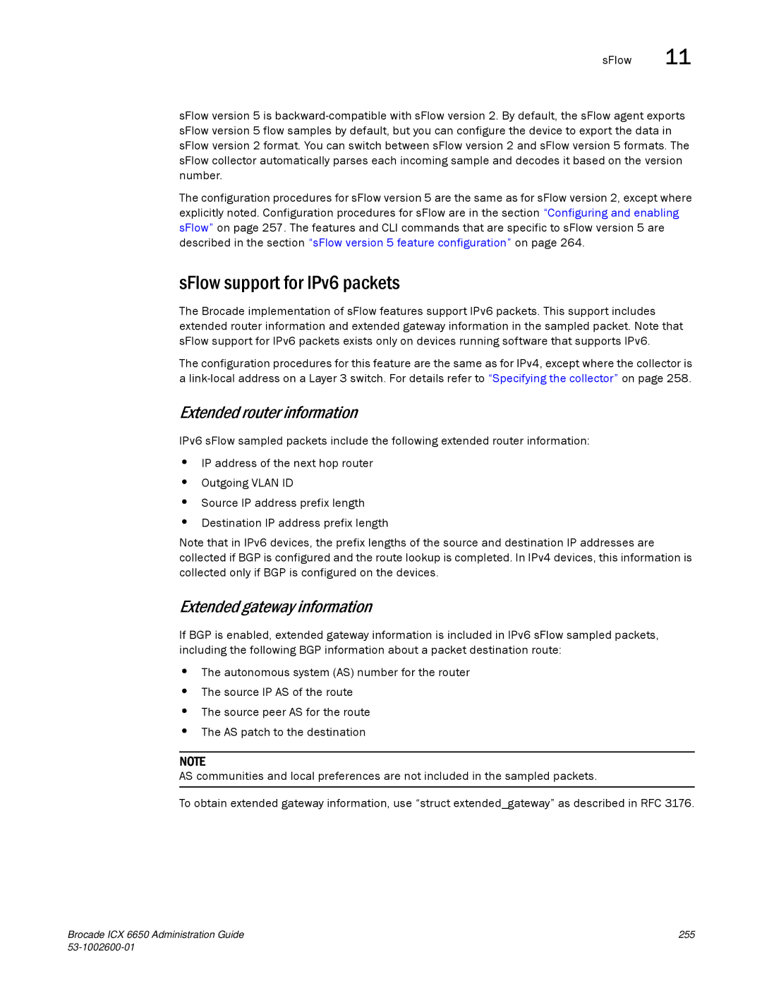 Brocade Communications Systems 6650 manual SFlow support for IPv6 packets, Extended router information 