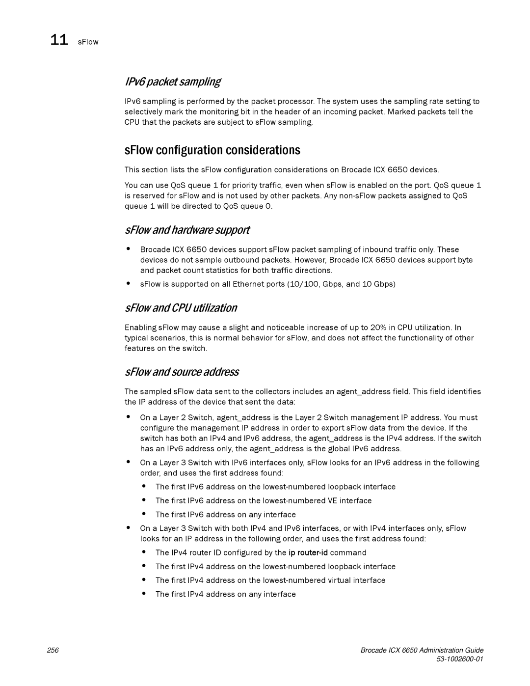 Brocade Communications Systems 6650 SFlow configuration considerations, IPv6 packet sampling, SFlow and hardware support 