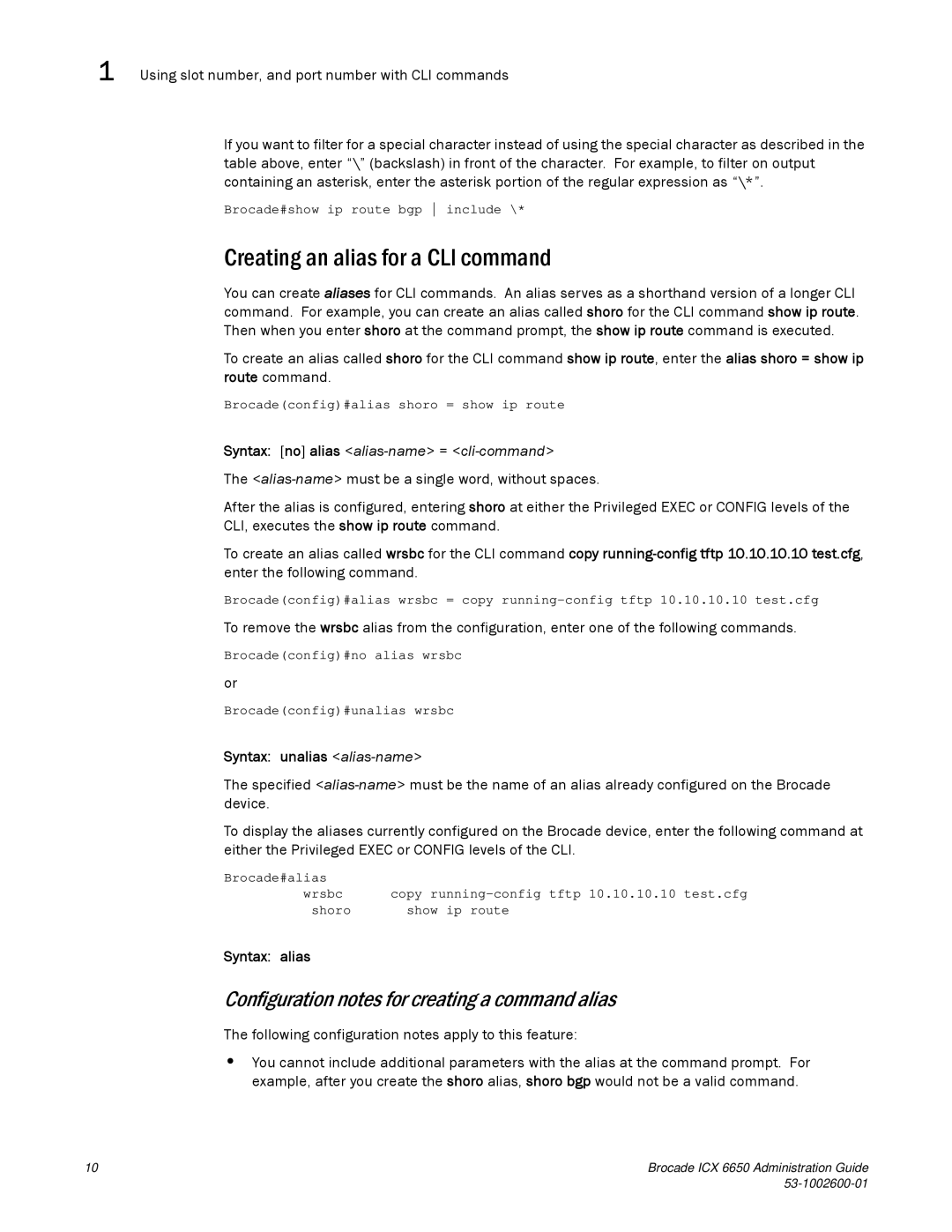 Brocade Communications Systems 6650 Creating an alias for a CLI command, Configuration notes for creating a command alias 