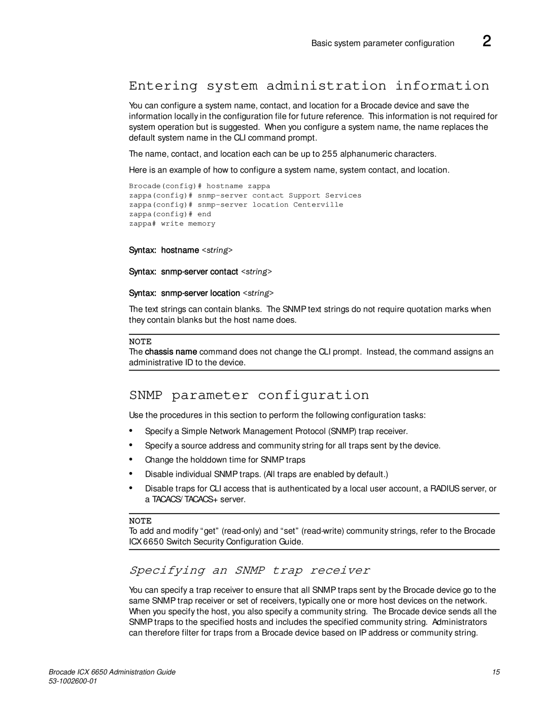 Brocade Communications Systems 6650 manual Entering system administration information, Snmp parameter configuration 