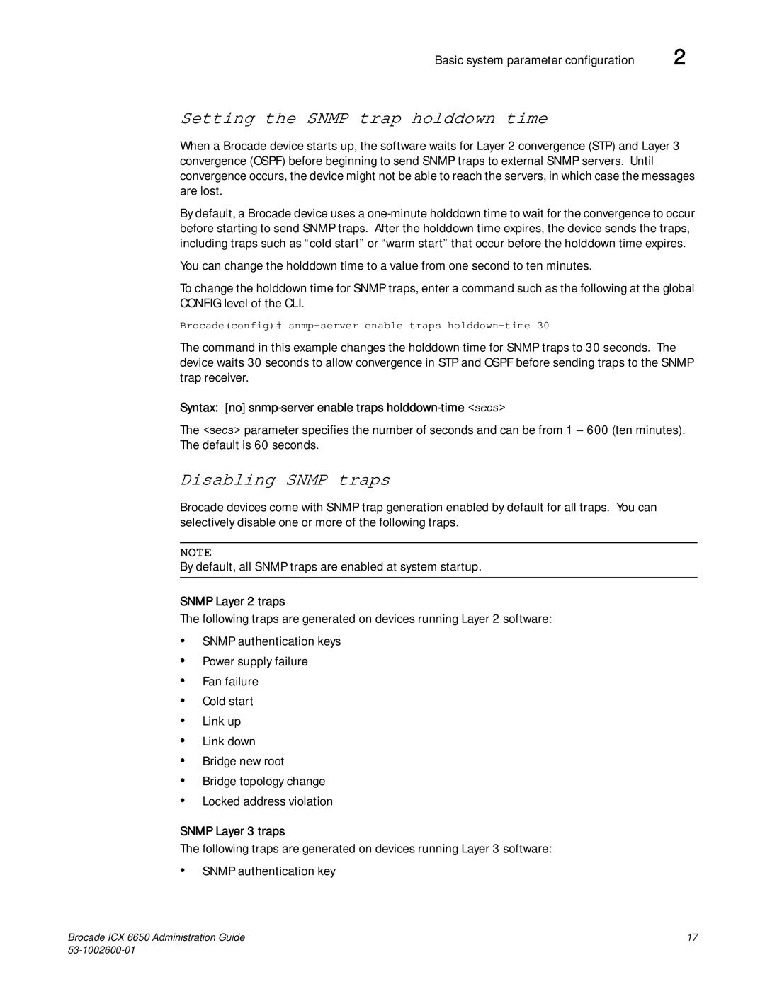 Brocade Communications Systems 6650 manual Setting the Snmp trap holddown time, Disabling Snmp traps, Snmp Layer 2 traps 