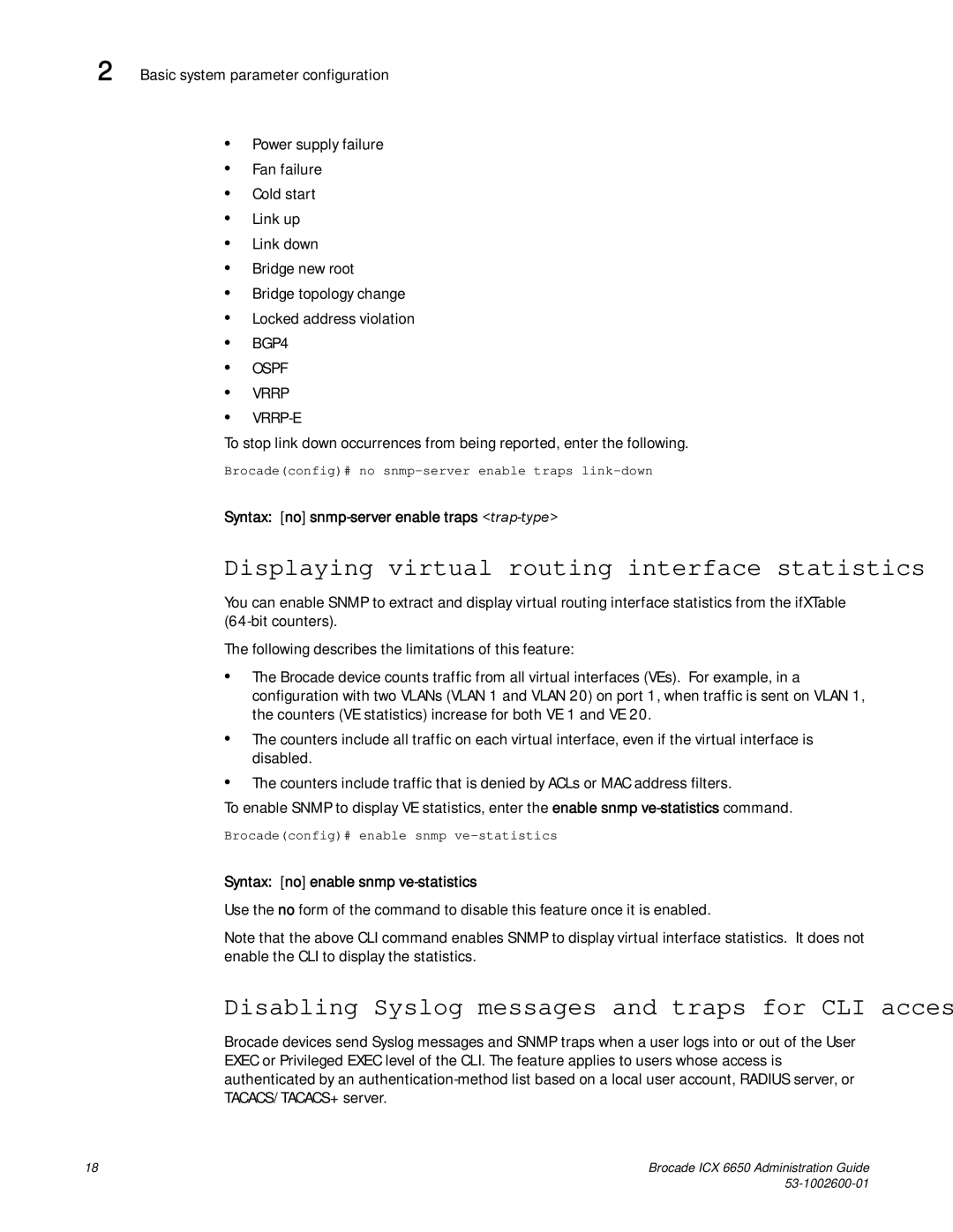 Brocade Communications Systems 6650 Displaying virtual routing interface statistics, Syntax no enable snmp ve-statistics 