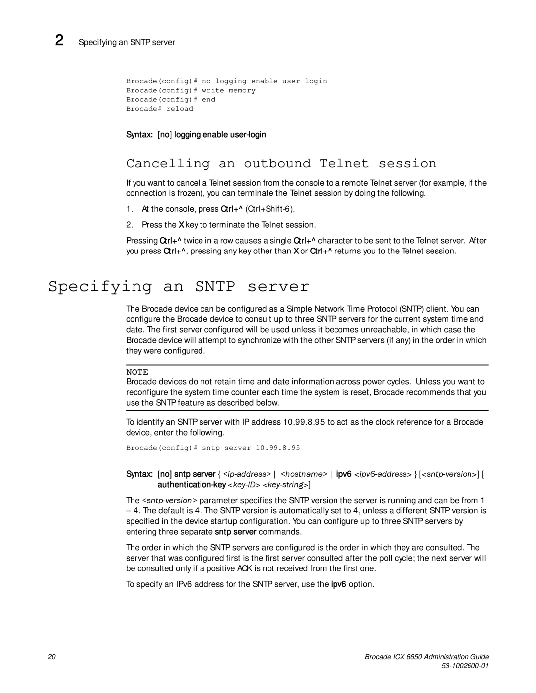 Brocade Communications Systems 6650 manual Specifying an Sntp server, Cancelling an outbound Telnet session 