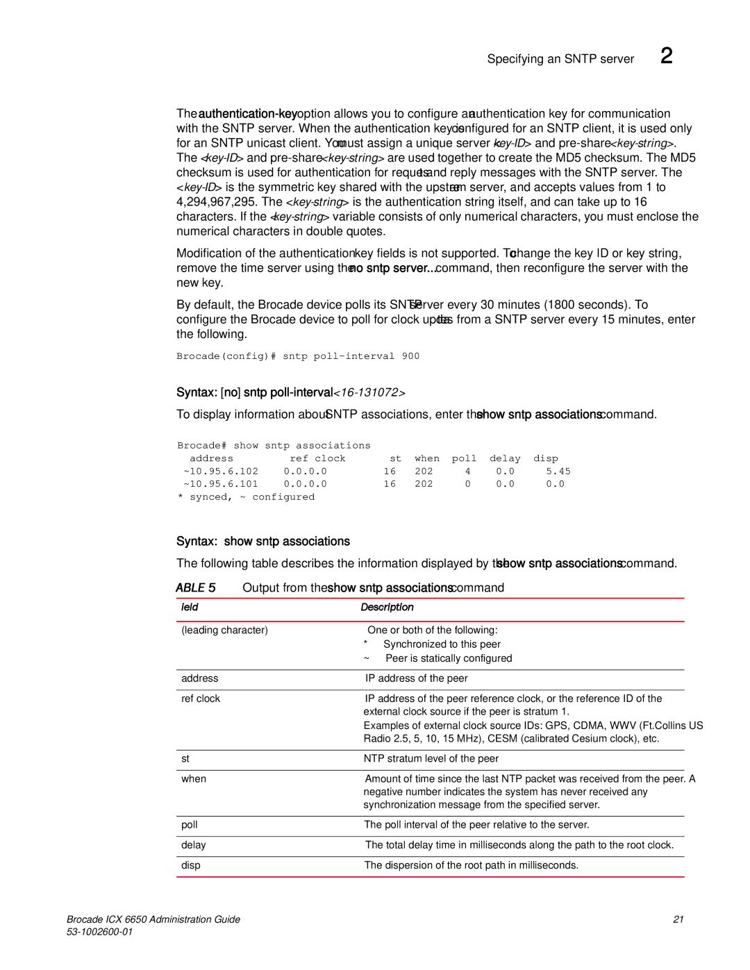 Brocade Communications Systems 6650 manual Syntax no sntp poll-interval, Syntax show sntp associations, Field Description 