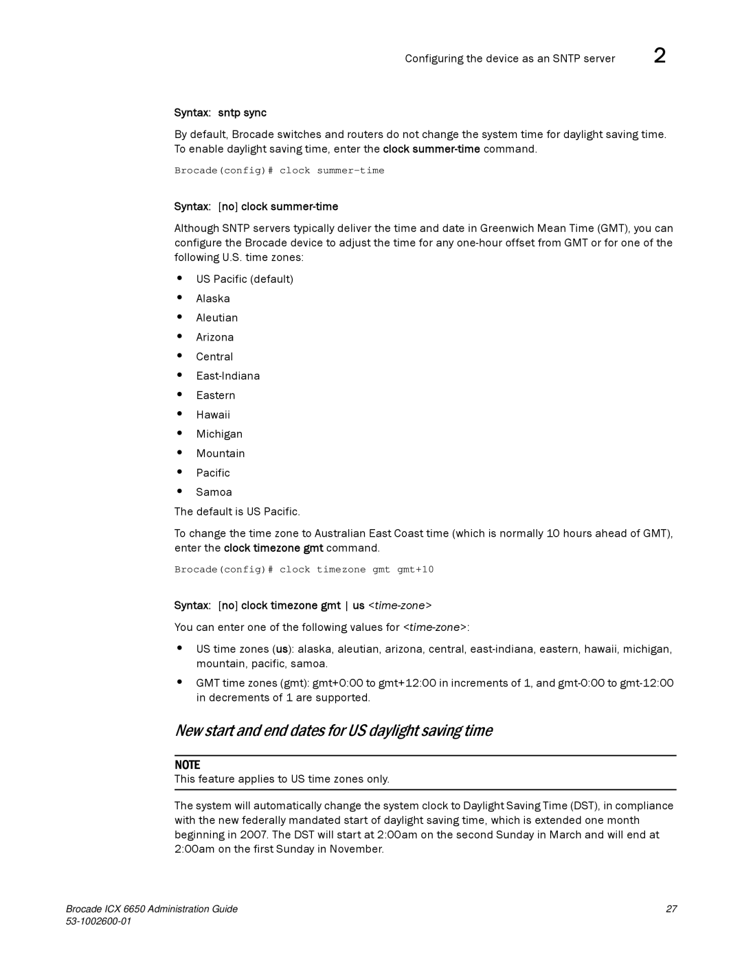 Brocade Communications Systems 6650 manual New start and end dates for US daylight saving time, Syntax sntp sync 