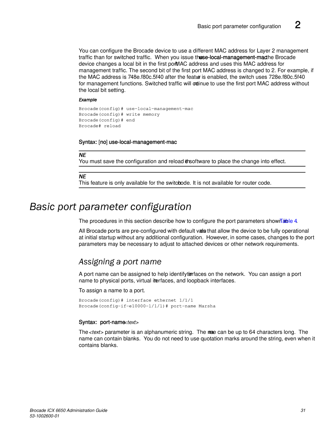 Brocade Communications Systems 6650 manual Basic port parameter configuration, Assigning a port name, Syntax port-name text 