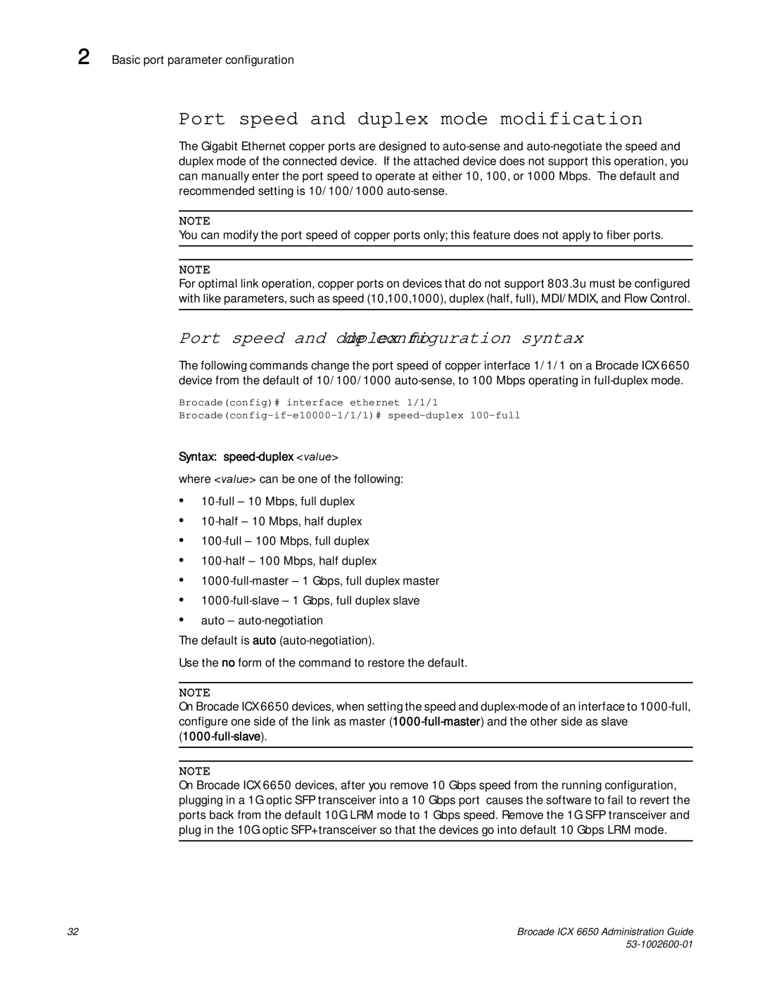 Brocade Communications Systems 6650 manual Port speed and duplex mode modification, Basic port parameter configuration 