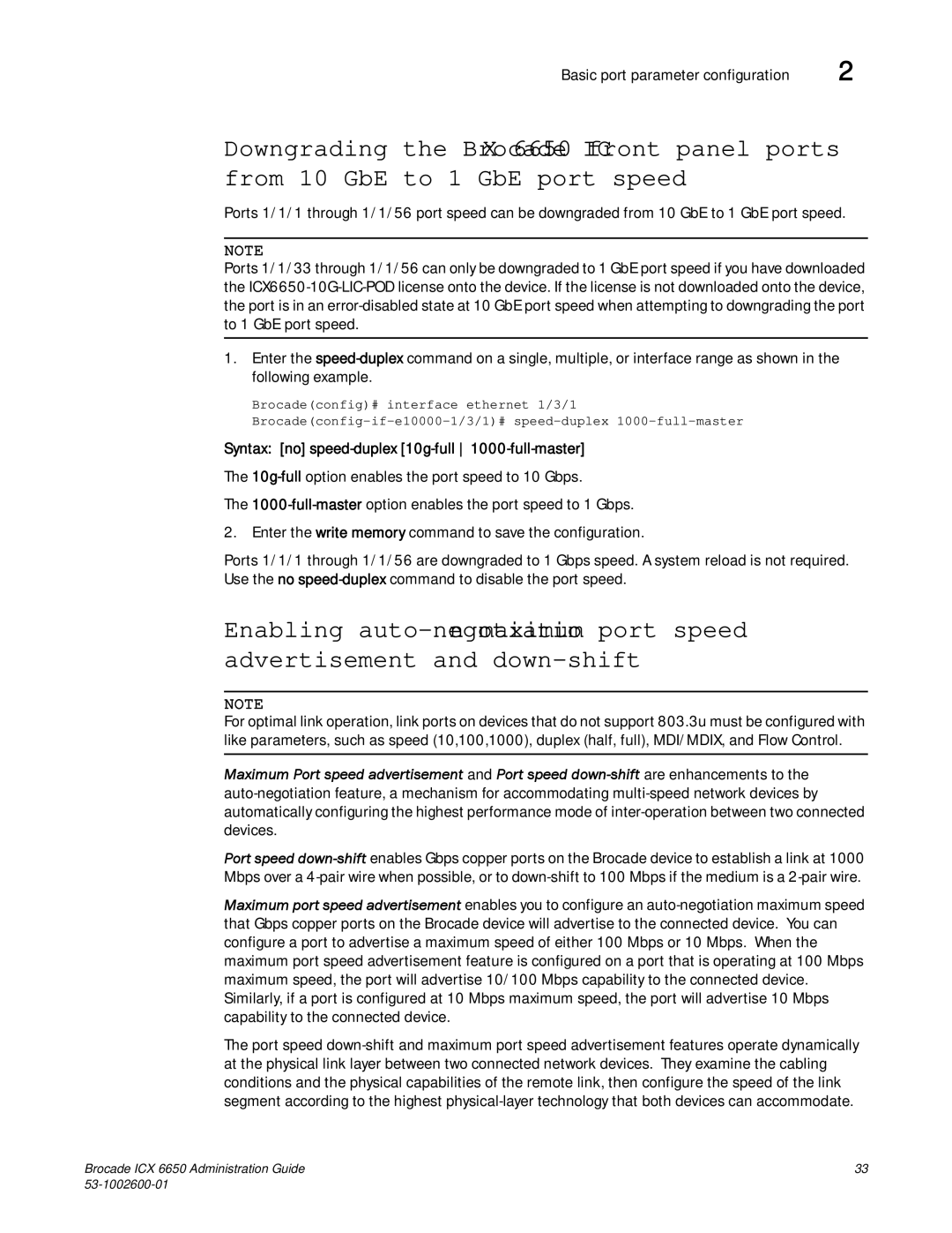 Brocade Communications Systems 6650 manual Syntax no speed-duplex 10g-full 1000-full-master 