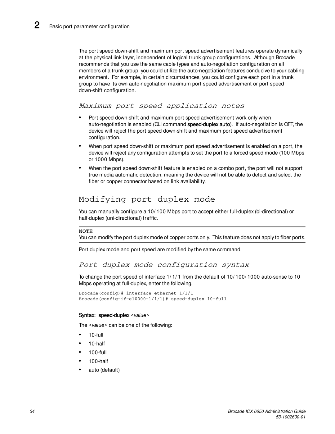 Brocade Communications Systems 6650 manual Modifying port duplex mode, Maximum port speed application notes 