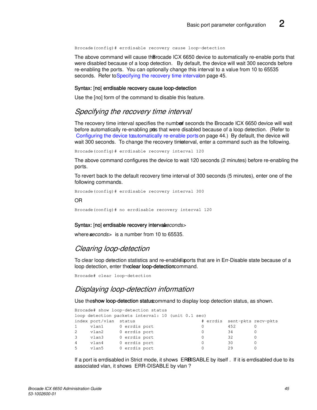 Brocade Communications Systems 6650 manual Specifying the recovery time interval, Clearing loop-detection 