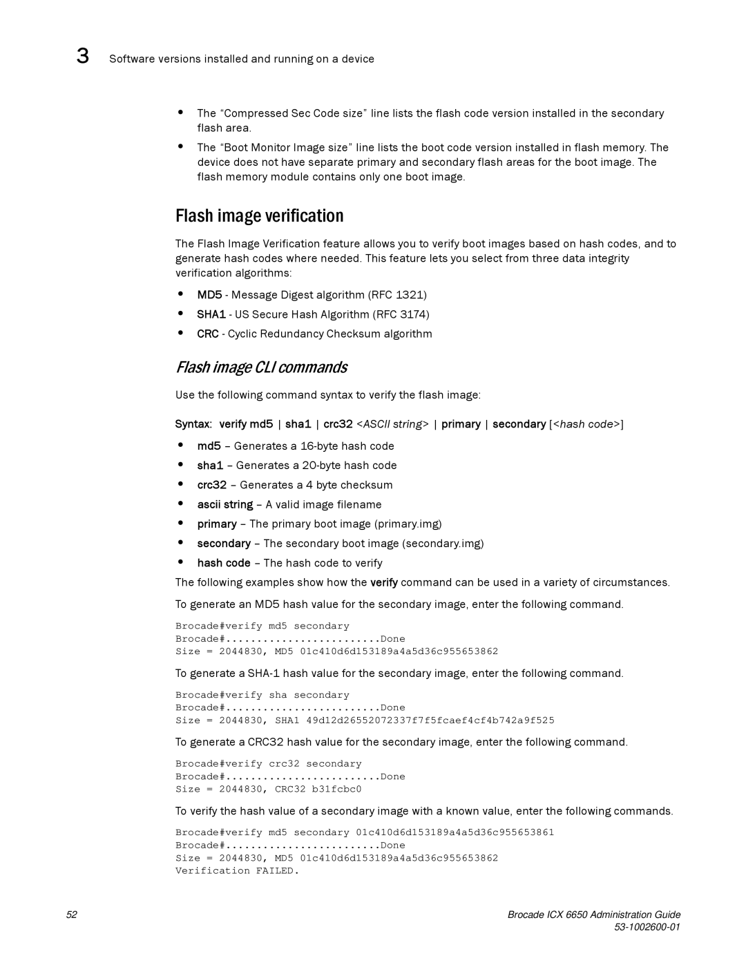 Brocade Communications Systems 6650 manual Flash image verification, Flash image CLI commands 