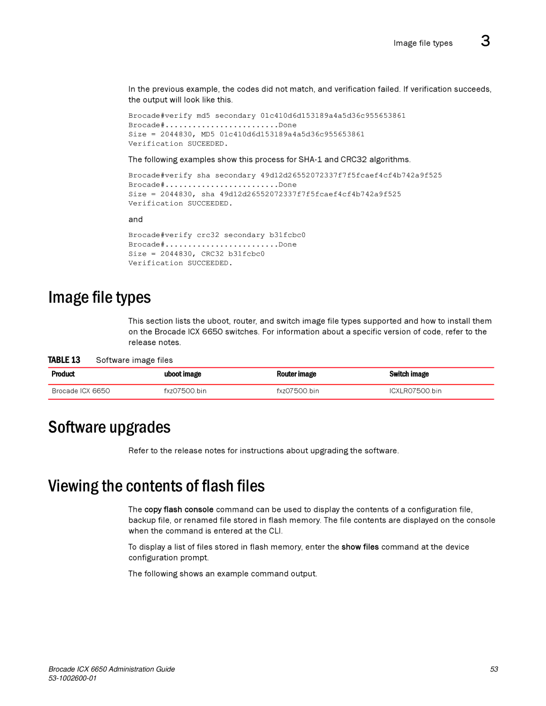 Brocade Communications Systems 6650 manual Image file types, Software upgrades, Viewing the contents of flash files 