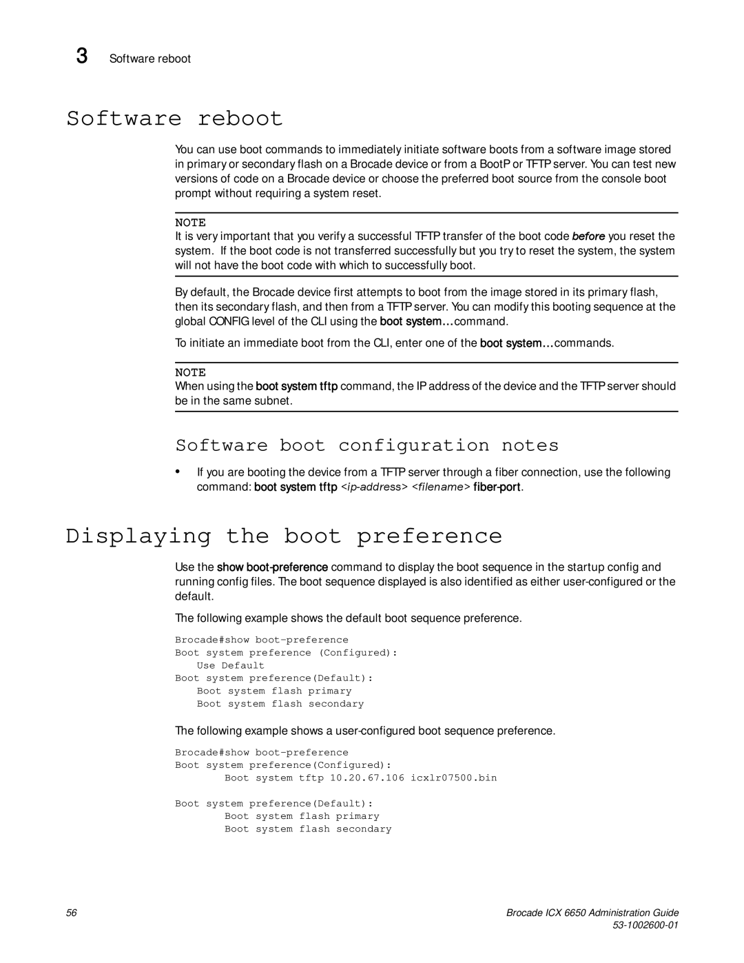 Brocade Communications Systems 6650 Software reboot, Displaying the boot preference, Software boot configuration notes 