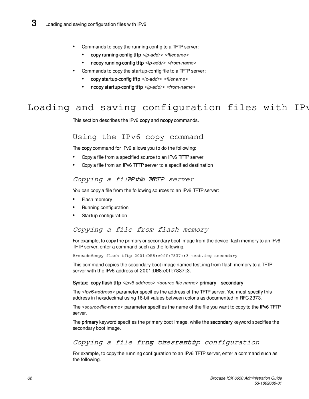 Brocade Communications Systems 6650 manual Loading and saving configuration files with IPv6, Using the IPv6 copy command 