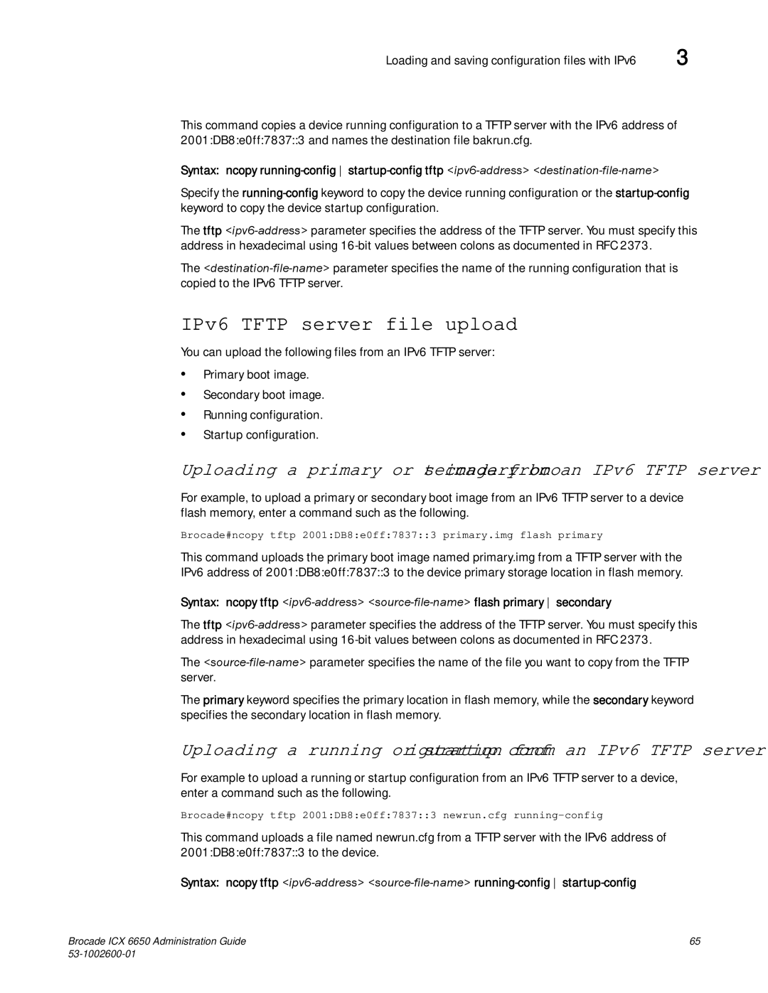 Brocade Communications Systems 6650 manual IPv6 Tftp server file upload 