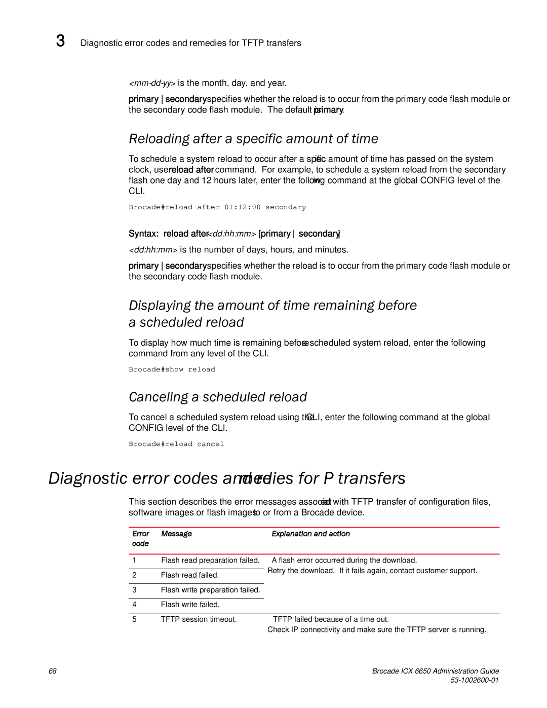 Brocade Communications Systems 6650 Diagnostic error codes and remedies for Tftp transfers, Canceling a scheduled reload 