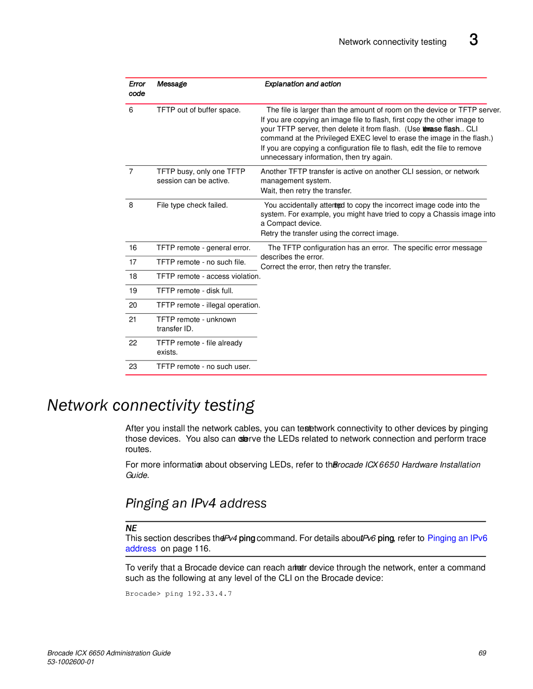 Brocade Communications Systems 6650 manual Network connectivity testing, Pinging an IPv4 address 