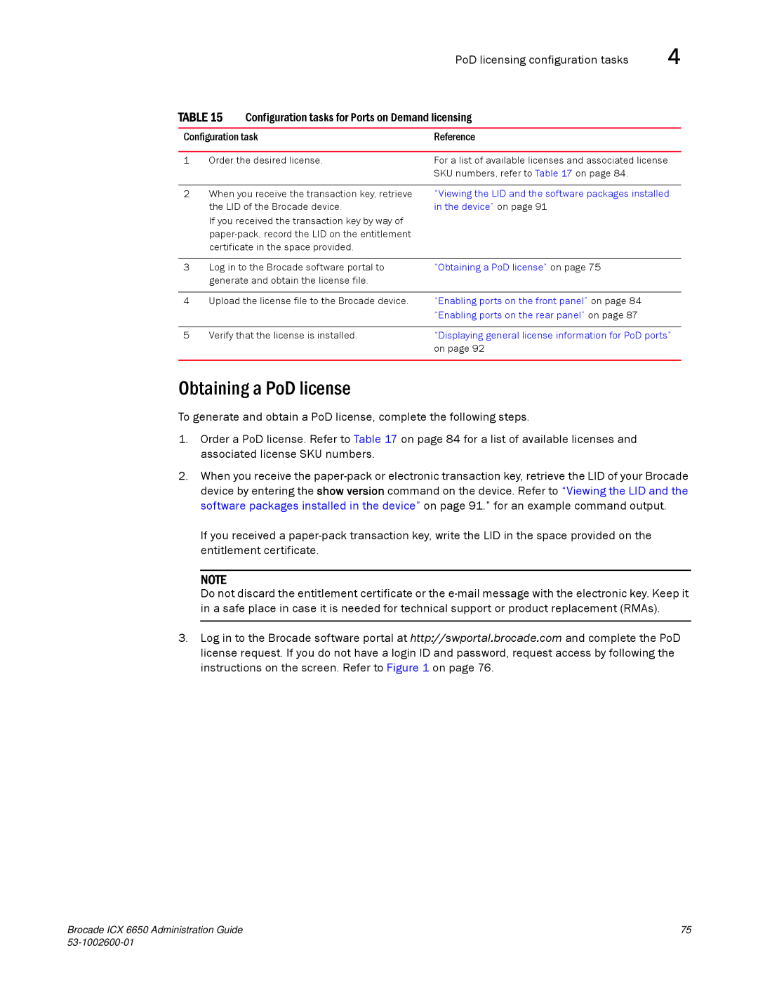 Brocade Communications Systems 6650 manual Obtaining a PoD license, Configuration task Reference 