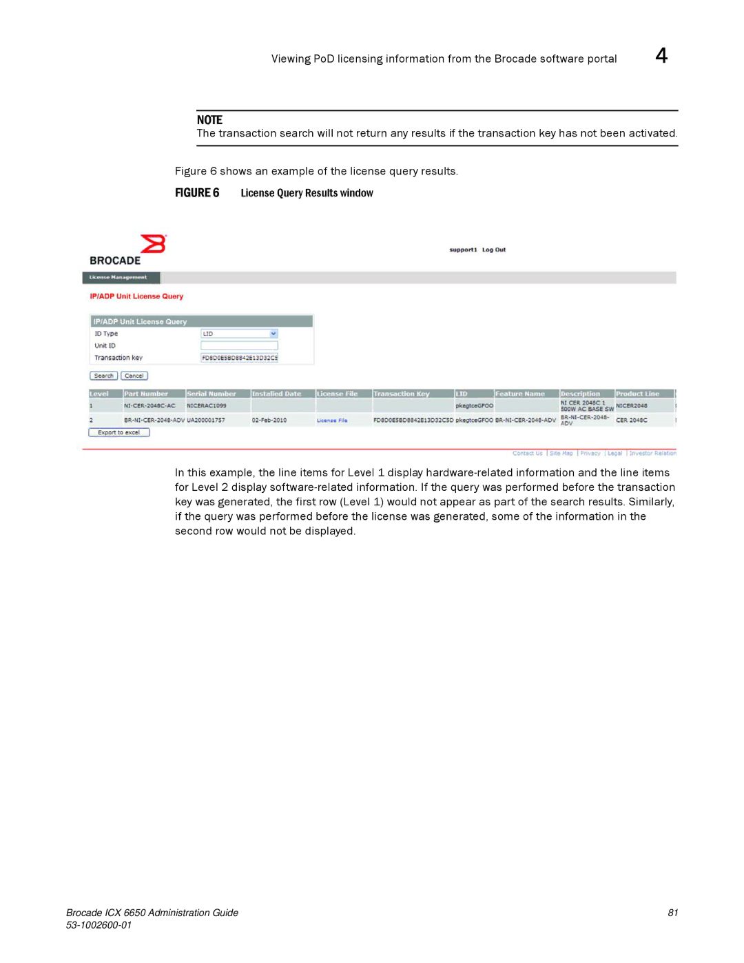 Brocade Communications Systems 6650 manual Shows an example of the license query results 